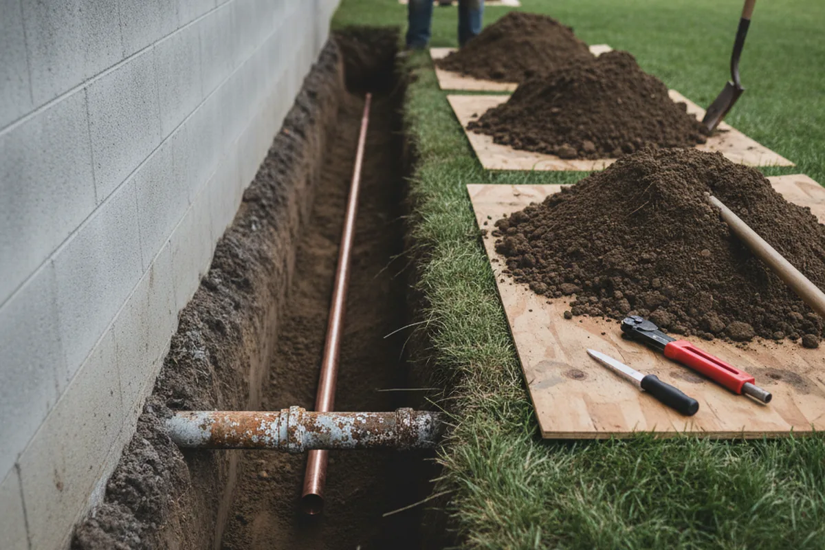 Excavated water line trench during Sewer Line Repair in Sanderson